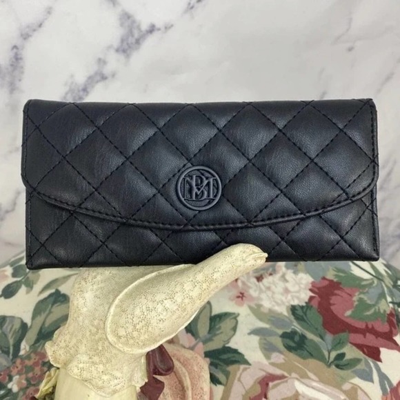 Badgley Mischka Handbags - BADGLEY MISCHKA Black Quilted Faux Leather Long Wallet NWT
